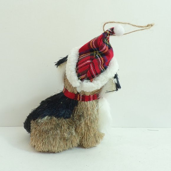 NEW Bottle Brush Christmas Dog Puppy Pooch Plaid Santa Cap Holiday Tree Ornament - Picture 2 of 2